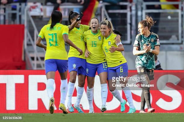 Tamires of Brazil celebrates after scoring her team's first goal with teammates during the Women's international friendly between Germany and Brazil...