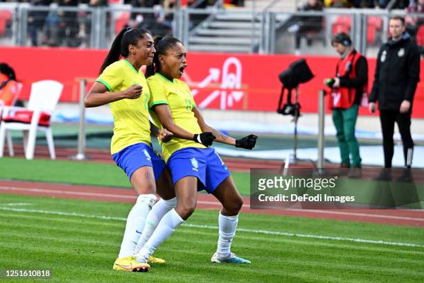 Ary Borges of Brazil celebrates after scoring his team's second goal with teammates during the Women's international friendly between Germany and...