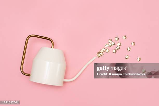 sprayed watering can with of candy on pink background. round sweet peas sprinkle. creative sweet concept. flat lay, top view, copy space - watering can stock pictures, royalty-free photos & images