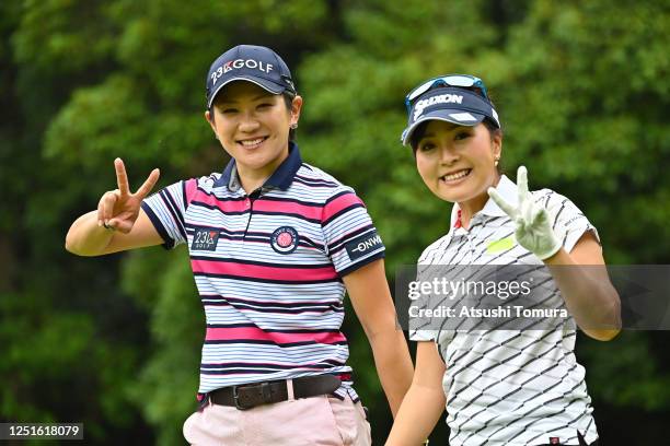 Misuzu Narita and Serena Aoki of Japan pose on the 12th hole during the practice round ahead of the Earth Mondamin Cup at the Camellia Hills Country...