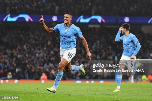 Rodri of Manchester City celebrates after scoring a goal to make it 1-0 during the UEFA Champions League quarterfinal first leg match between...