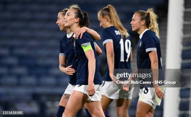 Scotland's Caroline Weir celebrates after making it 3-0 during an international friendly match between Scotland and Costa Rica at Hampden Park, on...