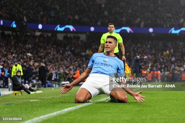 Rodri of Manchester City celebrates after scoring a goal to make it 1-0 during the UEFA Champions League quarterfinal first leg match between...