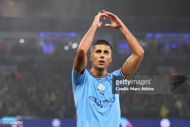 Manchester City's Rodri celebrates scoring their first goal during the UEFA Champions League quarterfinal first leg match between Manchester City and...