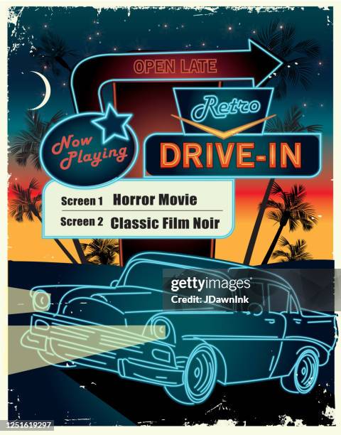 classic retro drive in poster design advertisement - drive in movie theater stock illustrations