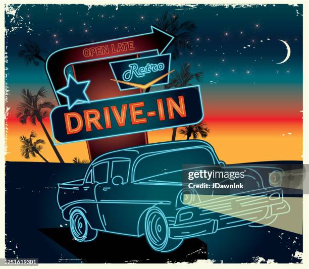 classic retro drive in poster design advertisement - drive in movie theater stock illustrations