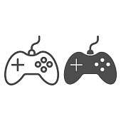 Joystick line and solid icon, electronics concept, gamepad controller sign on white background, Gaming joystick icon in outline style for mobile concept and web design. Vector graphics.