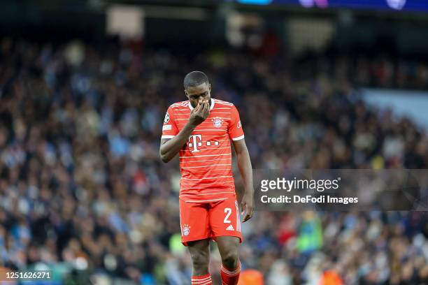 Dayot Upamecano of Bayern Muenchen looks dejected during the UEFA Champions League quarterfinal first leg match between Manchester City and FC Bayern...