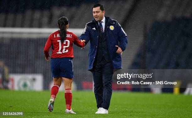 Scotland head coach Pedro Martinez Losa and Costa Rica's Lixy Rodriguez at full time during an international friendly match between Scotland and...