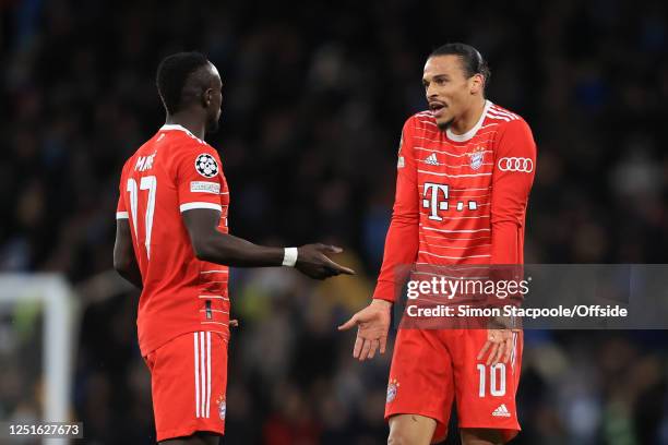 Leroy Sane of Bayern Munich and Sadio Mane of Bayern Munich moan at each other during the UEFA Champions League quarterfinal first leg match between...