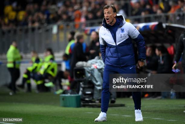 France's head coach Herve Renard reacts during the women's international friendly football match between France and Canada at the Marie Marvingt...