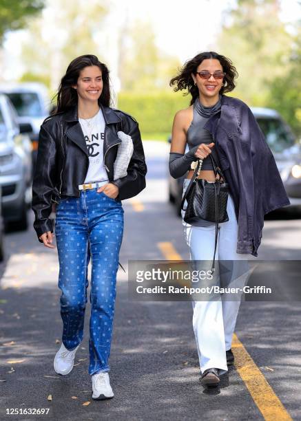 Sara Sampaio and Georgie Flores are seen on April 11, 2023 in Los Angeles, California.