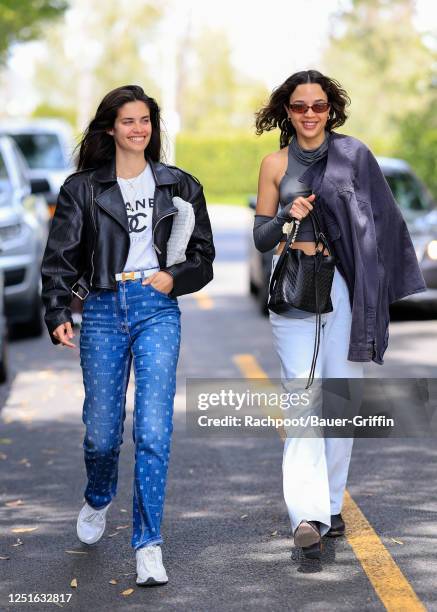 Sara Sampaio and Georgie Flores are seen on April 11, 2023 in Los Angeles, California.