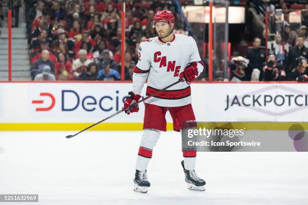 Carolina Hurricanes Defenceman Brett Pesce before a face-off during first period National Hockey League action between the Carolina Hurricanes and...