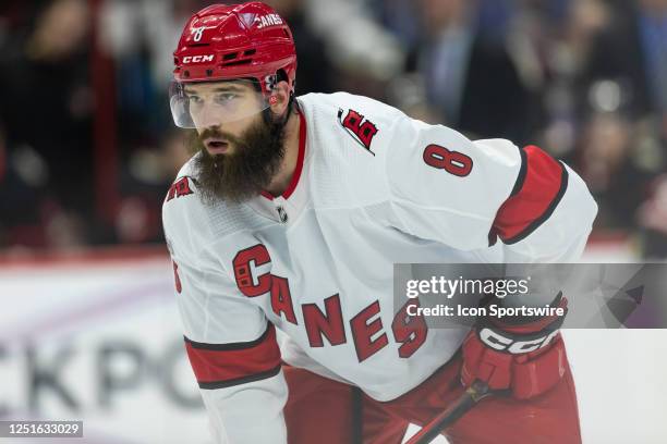 Carolina Hurricanes Defenceman Brent Burns before a face-off during third period National Hockey League action between the Carolina Hurricanes and...