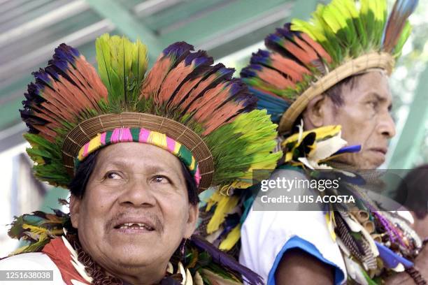 Two indigenous people are protesting the kidnapping presidential candidate Kimi Pernia in Cota, Cundinamarca. Dos indigenas "taitas" o curanderos del...