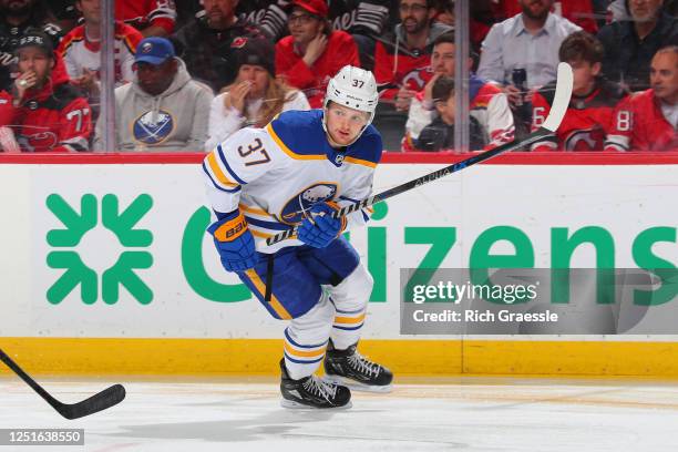 Casey Mittelstadt of the Buffalo Sabres skates in the first period of the game against the New Jersey Devils on April 11, 2023 in Newark, New Jersey.