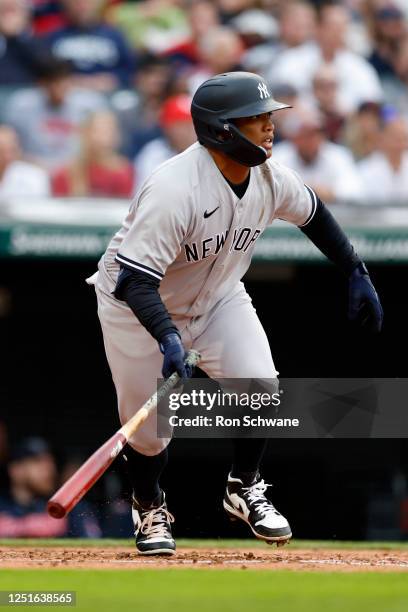 Willie Calhoun of the New York Yankees hits an RBI single off of Hunter Gaddis of the Cleveland Guardians in the third inning at Progressive Field on...