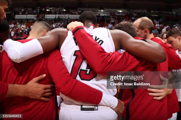 The Miami Heat huddle up before the 2023 Play-In Tournament against the Atlanta Hawks on April 11, 2023 at Kaseya Center in Miami, Florida. NOTE TO...