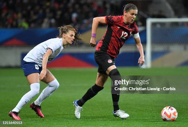 Christine Sinclair of Canada in action during an International Women's Friendly soccer match between France and Canada at Stade Marie-Marvingt...