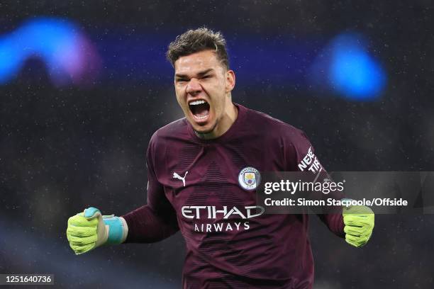 Manchester City goalkeeper Ederson celebrates their 2nd goal during the UEFA Champions League quarterfinal first leg match between Manchester City...