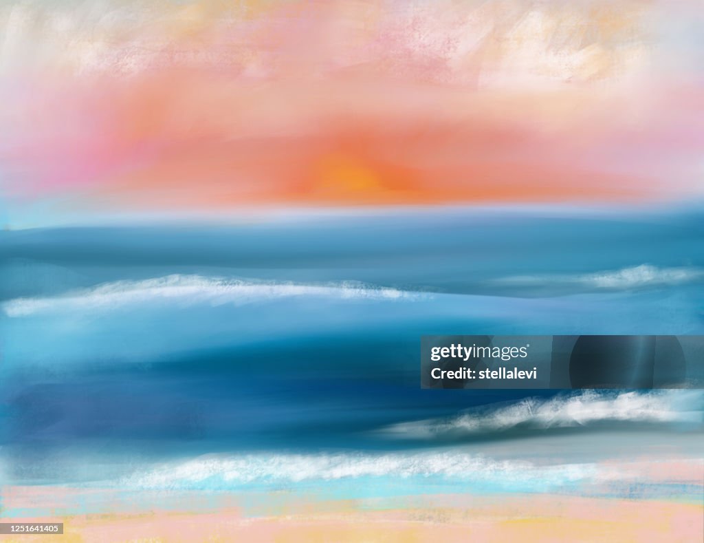 Beach and ocean at sunset painting