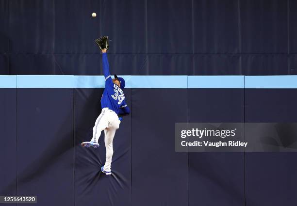 Kevin Kiermaier of the Toronto Blue Jays catches a ball at the wall hit by Kerry Carpenter of the Detroit Tigers for the first out of the second...