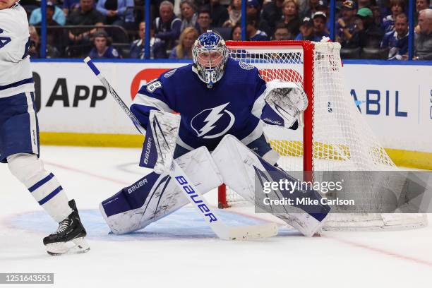 Goalie Andrei Vasilevskiy of the Tampa Bay Lightning tends net against the Toronto Maple Leafs during the first period at Amalie Arena on April 11,...