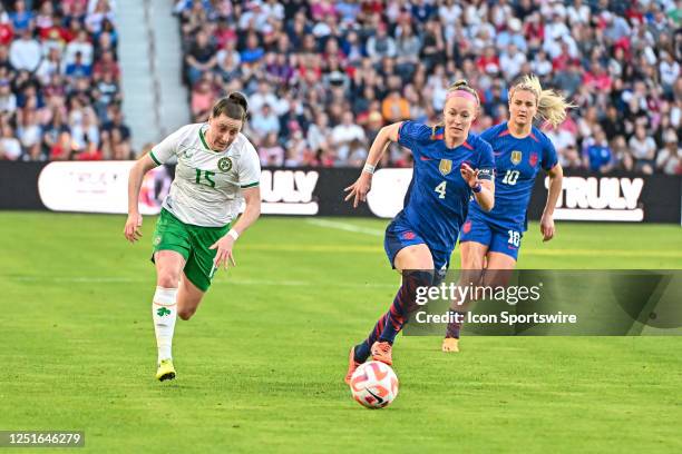 Republic of Ireland Woman's National Team midfielder Lucy Quinn and U.S. Women's National Team defender Becky Sauerbrunn race after the loose ball...