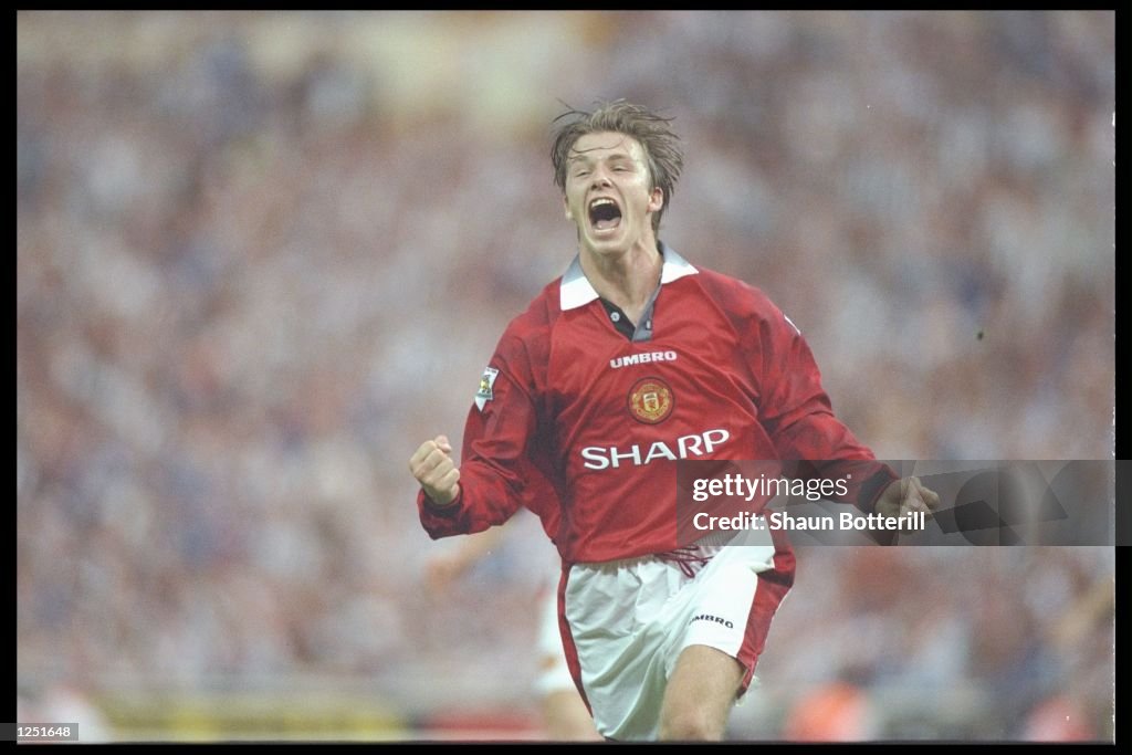 David Beckham of Manchester United celebrates after scoring United's third goal