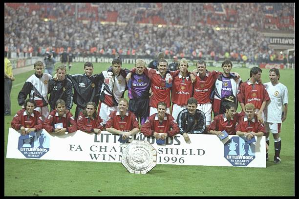 Manchester United celebrate victory during the FA Charity Shield between Manchester United and Newcastle United at Wembley Stadium in London,...