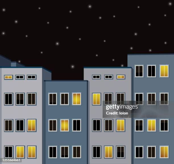 blue buildings with windows at night - horizontal blinds stock illustrations