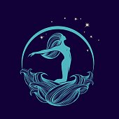 Mermaid logo.Long wavy hair and waves.Beautiful female character icon.Elegant style.
