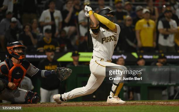 Ji Hwan Bae of the Pittsburgh Pirates hits a walk-off three-run home run for a 7-4 win over the Houston Astros at PNC Park on April 11, 2023 in...