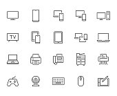 Devices line icons set. Computer, laptop, mobile phone, fax, scanner, smartphone minimal vector illustrations. Simple flat outline sign for web, technology app. Pixel Perfect. Editable Strokes