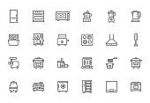 Kitchen appliance line icon set. Oven, mixer, dishwasher, food processor, combi steamer minimal vector illustrations. Simple outline signs of cooking equipment. Pixel Perfect. Editable Strokes