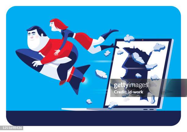 business couple with rocket breaking through laptop - breaking and exiting stock illustrations