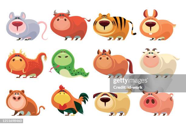 12 chinese zodiac animals - cartoon chicken stock illustrations