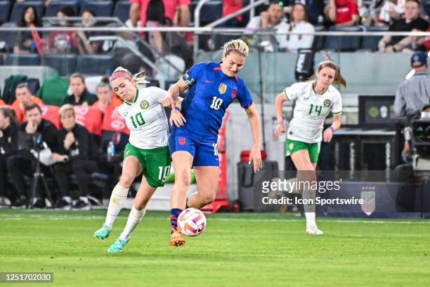 Republic of Ireland Woman's National Team midfielder Denise O'Sullivan and U.S. Women's National Team midfielder Lindsey Horan body each other trying...
