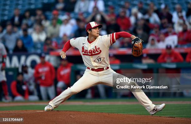 Starting pitcher Shohei Ohtani of the Los Angeles Angels against the Washington Nationals during the first inning at Angel Stadium of Anaheim on...