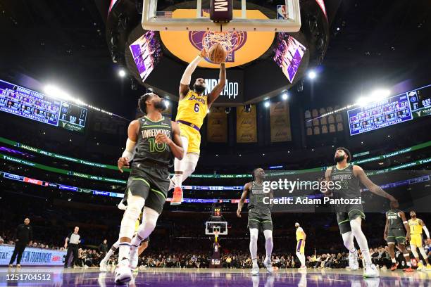 LeBron James of the Los Angeles Lakers dunks the ball during the game against the Minnesota Timberwolves during the 2023 Play-In Tournament on April...