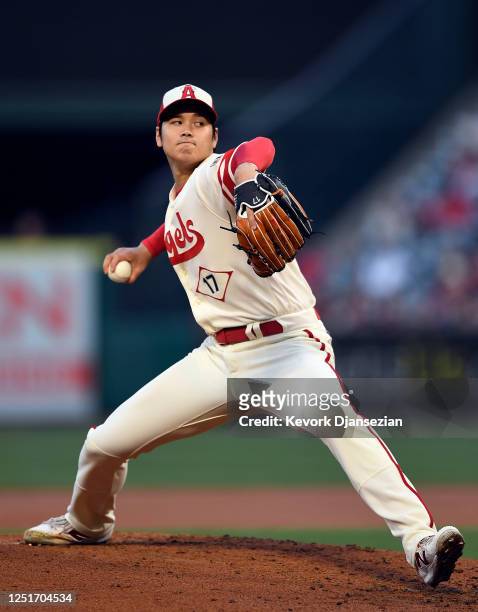 Starting pitcher Shohei Ohtani of the Los Angeles Angels pitches against the Washington Nationals during the second inning at Angel Stadium of...