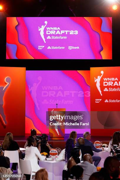 General shot of signage during the 2023 WNBA Draft on April 10, 2023 at Spring Studios in New York, New York. NOTE TO USER: User expressly...