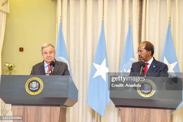 Somali President Hassan Sheikh Mohamud and UN Secretary-General Antonio Guterres hold a joint news conference in Mogadishu, Somalia on April 11,...