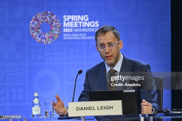 Research Department Division Chief Daniel Leigh makes a statement during the presentation of the World Economic Outlook at the International Monetary...