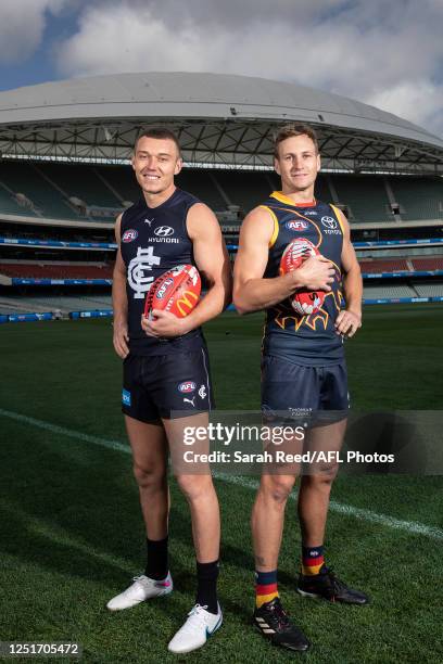 Carlton captain Patrick Cripps and Adelaide Crows Captain Jordan Dawson during the Official Gather Round Media Opportunity at Adelaide Oval,...