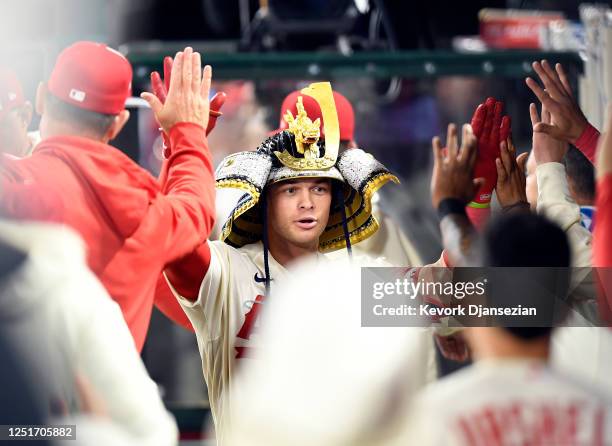 Logan O'Hoppe of the Los Angeles Angels dons Kabuto, the Angels' home run hat, after a solo shot against Josiah Gray of the Washington Nationals in...