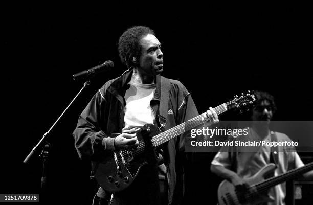 Brazilian singer and guitarist Gilberto Gil performs live on stage at the Barbican in London on 5th July 2002.