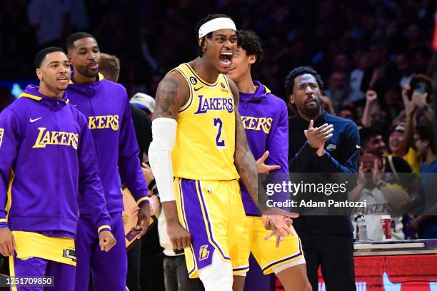 Jarred Vanderbilt of the Los Angeles Lakers celebrates during the game against the Minnesota Timberwolves during the 2023 Play-In Tournament on April...