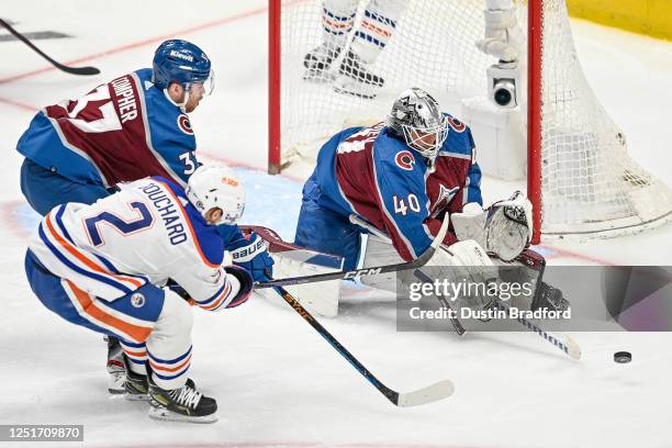 Alexandar Georgiev of the Colorado Avalanche makes a save on a shot attempt by Evan Bouchard of the Edmonton Oilers in the third period at Ball Arena...